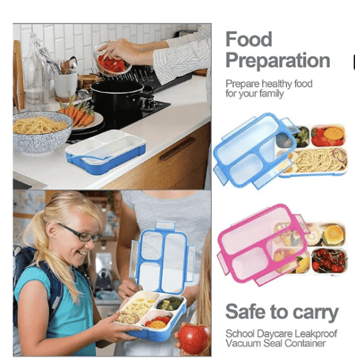 3 Compartment Thermal Insulated Bento Lunch Box with Spoon for Kids/Adult Plastic Snacks Box for School Office Picnic Tour Trip Snacks Tiffin Box Leak Proof Meal Box (Multicolor) - Image 2